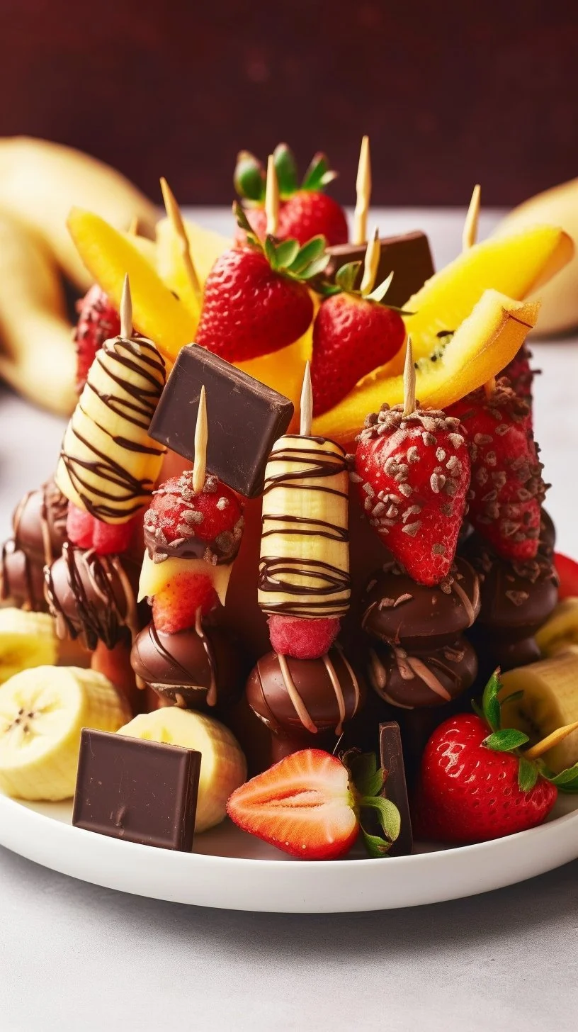 Colorful banana split dessert kabobs with fruit and ice cream on skewers.