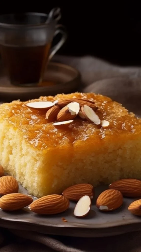 A delectable slice of Basbousa, a traditional Middle Eastern semolina dessert.