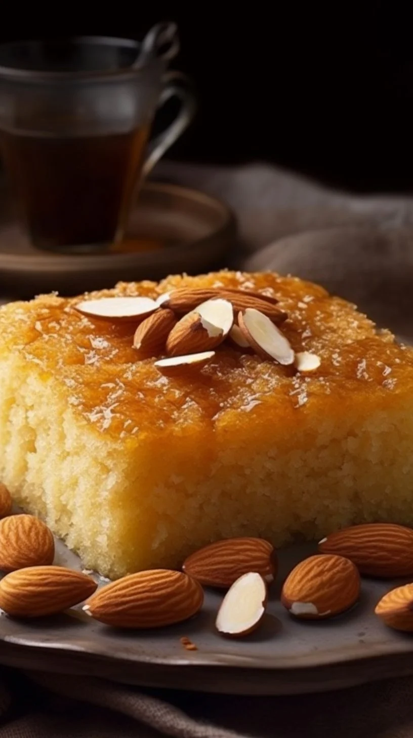 A delectable slice of Basbousa, a traditional Middle Eastern semolina dessert.