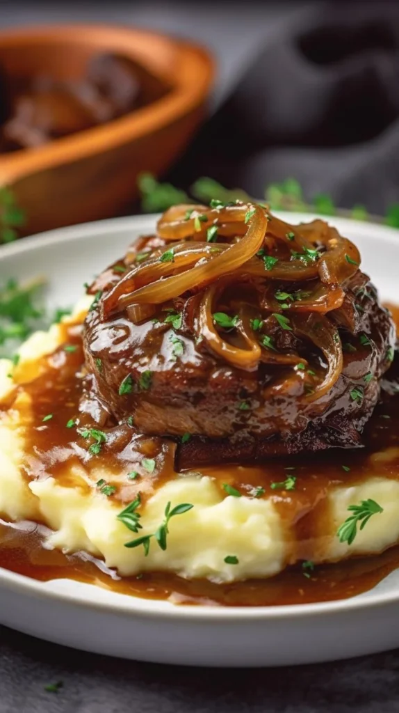 Delicious beef liver and onions plated with herbs and spices