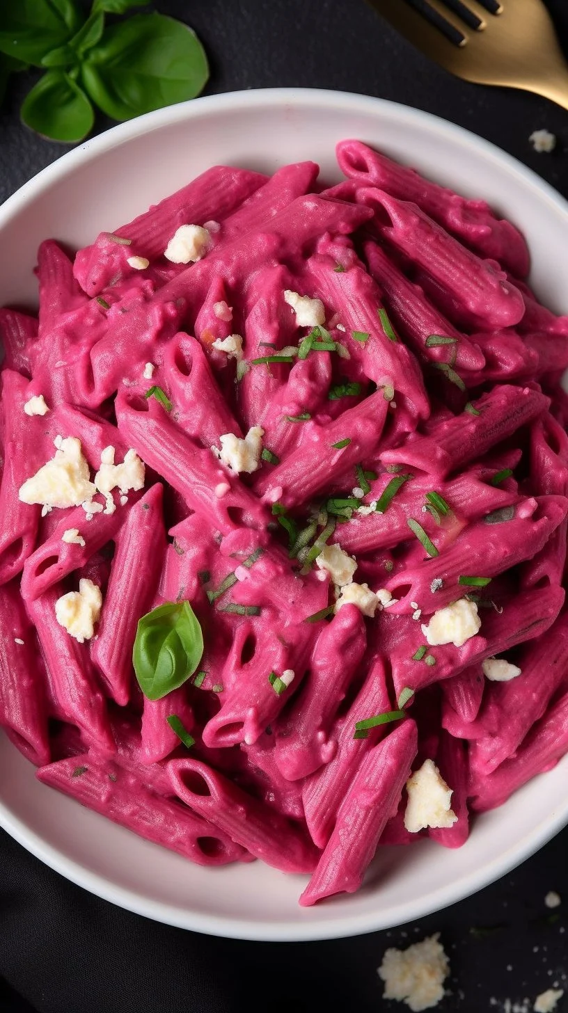 Delicious beetroot pasta sauce beautifully served on a plate.