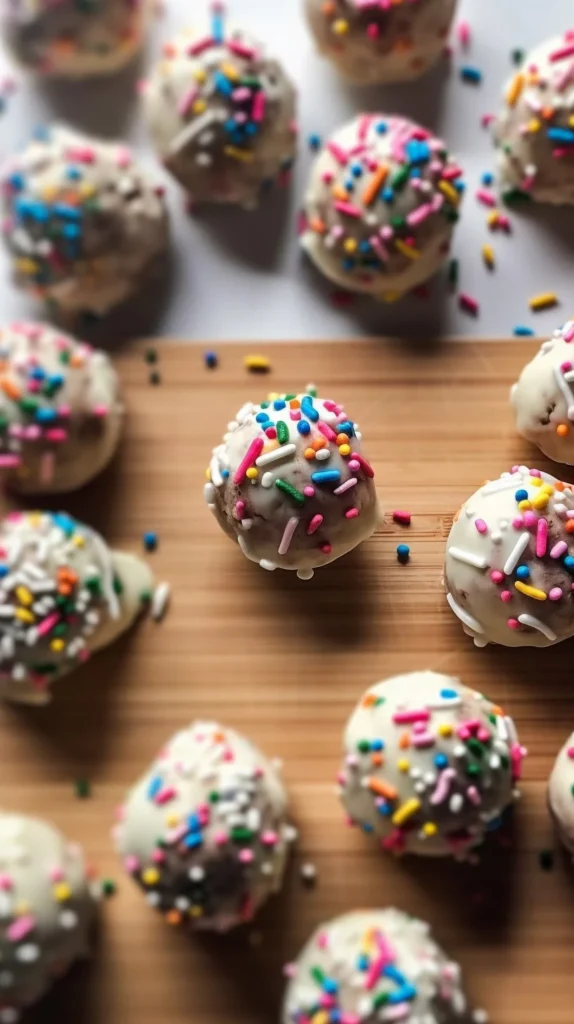 Delicious birthday cake batter protein balls ready to enjoy as a healthy snack