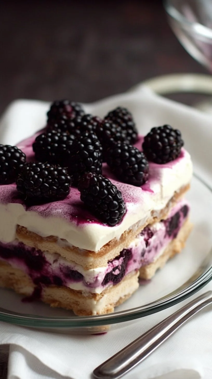 Delicious Blackberry Tiramisu dessert with layers of mascarpone and fresh blackberries