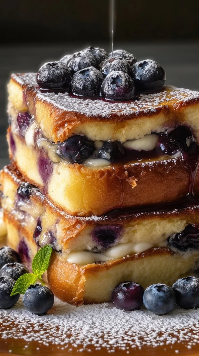 Delicious blueberry cheesecake stuffed French toast served with syrup and blueberries.