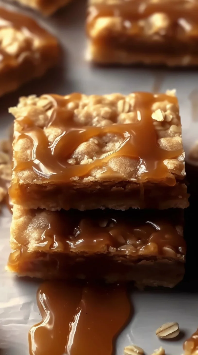 Delicious Caramel Crush Bars drizzled with caramel and topped with crunchy ingredients