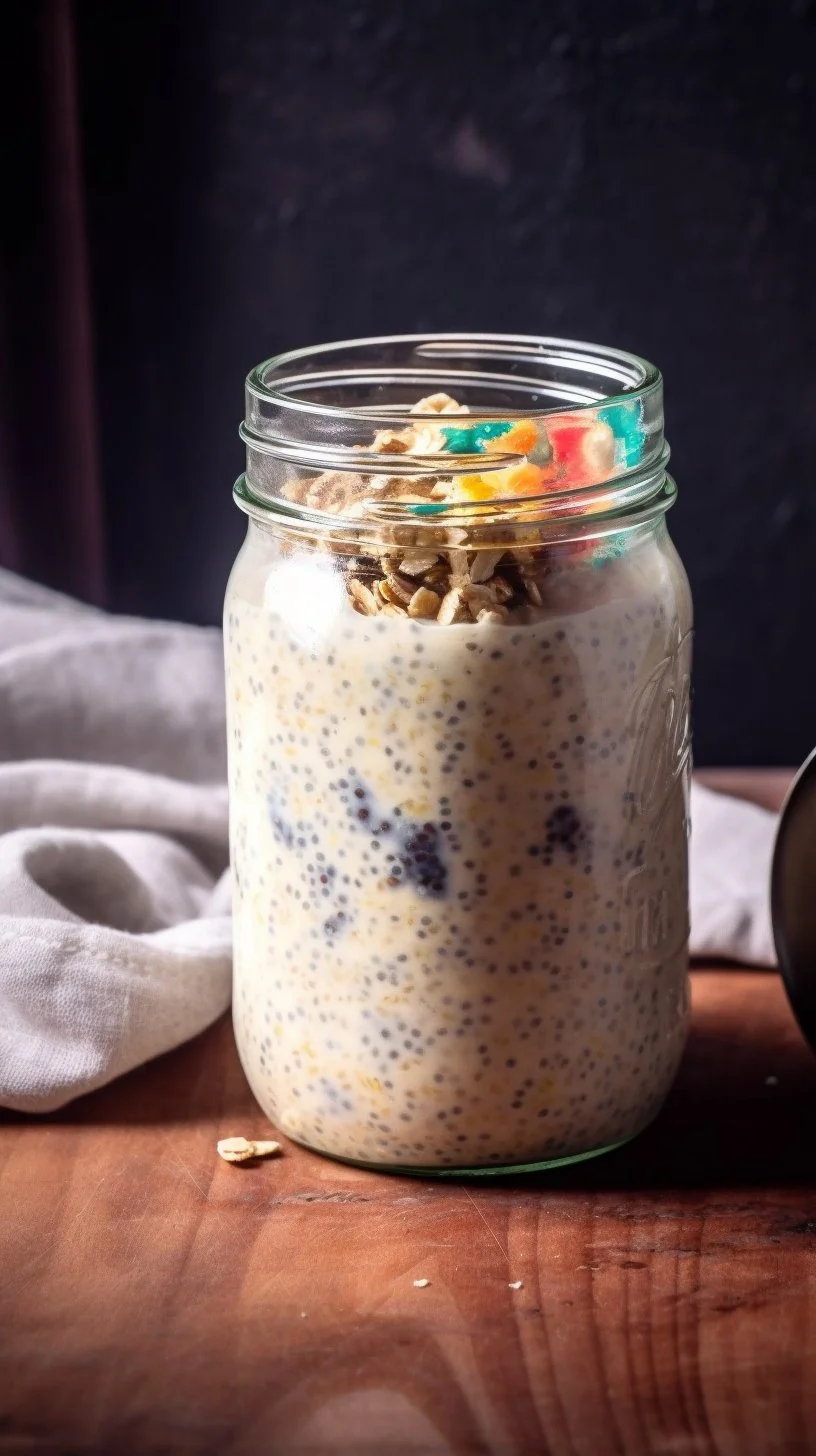 Bowl of cereal milk overnight oats topped with fresh fruit and nuts