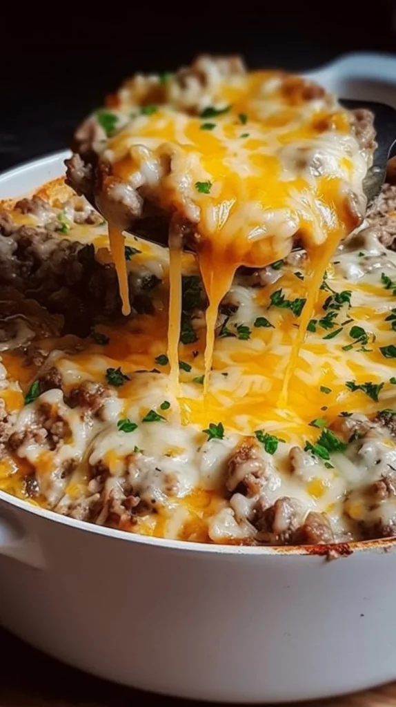 Cheesy beef and garlic rice casserole dish served in a bowl