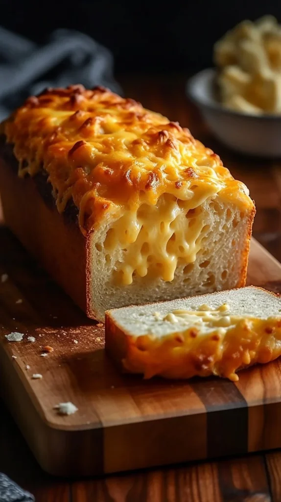 Freshly baked cheesy bread topped with melted cheese and herbs.