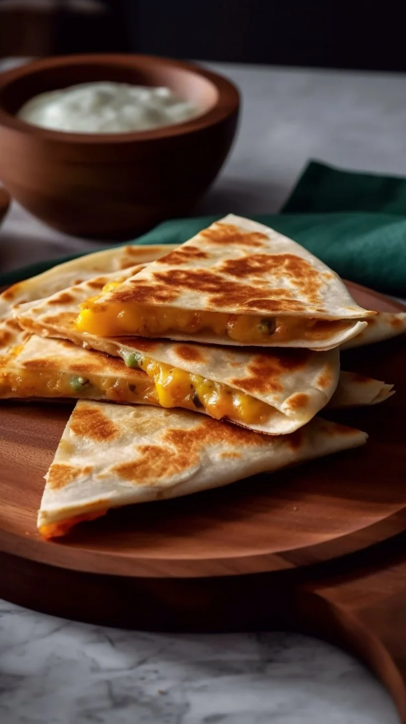 Delicious cheesy dill pickle quesadilla served with dipping sauce