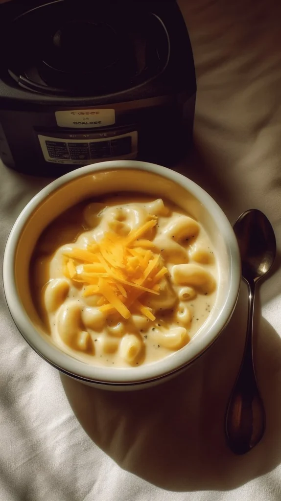Bowl of cheesy macaroni soup garnished with herbs and cheese