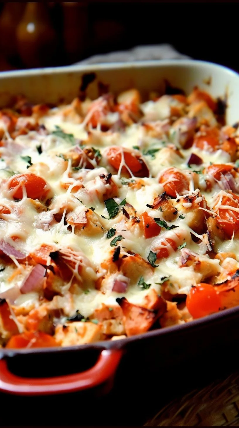 Delicious Chicken Bruschetta Casserole topped with fresh vegetables and herbs