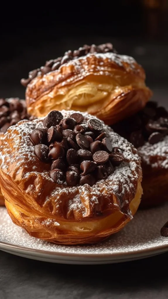 Freshly baked chocolate chip cruffins with a golden flaky texture.
