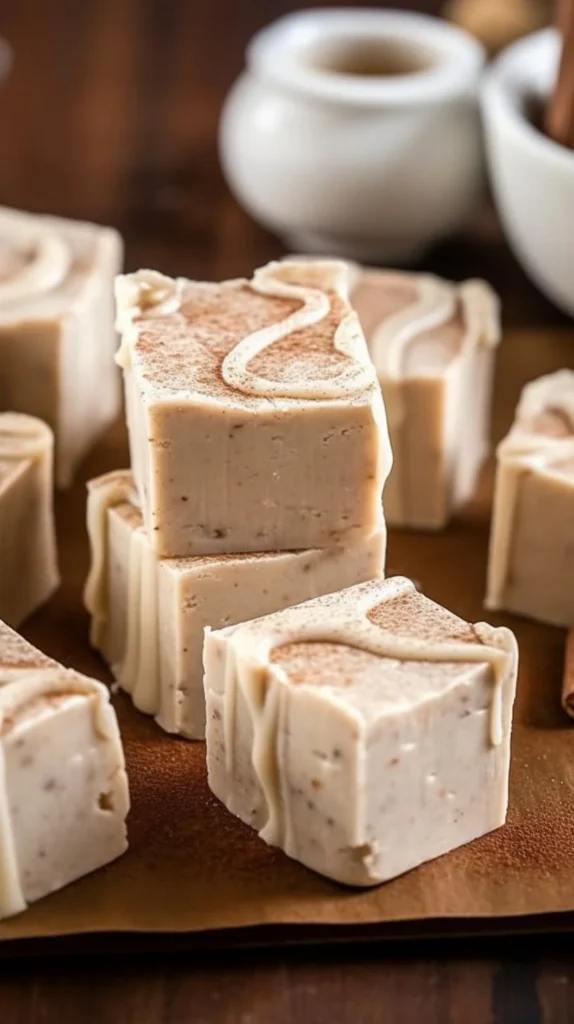 Delicious cinnamon roll fudge with swirls and icing on a plate.