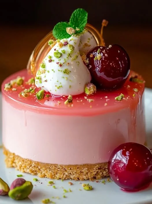 Citrus Ribbon Cherry Pistachio Layered Cheesecake decorated with fresh fruits