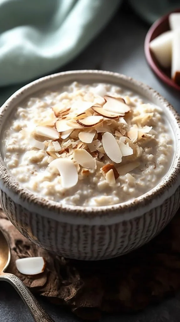 Coconut Cream Pie Overnight Oats in a glass topped with shredded coconut.