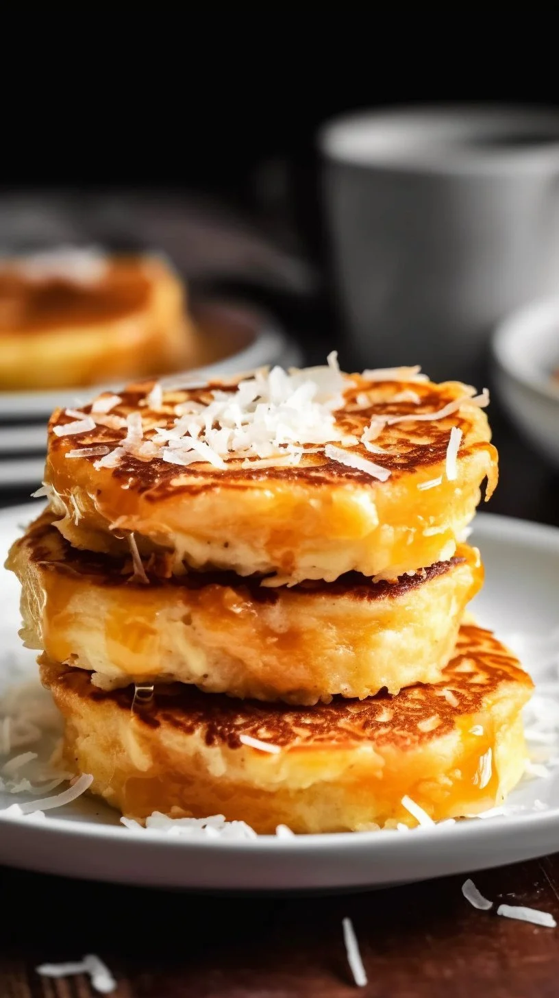 Coconut stuffed french toast elegantly plated with syrup and fresh fruit