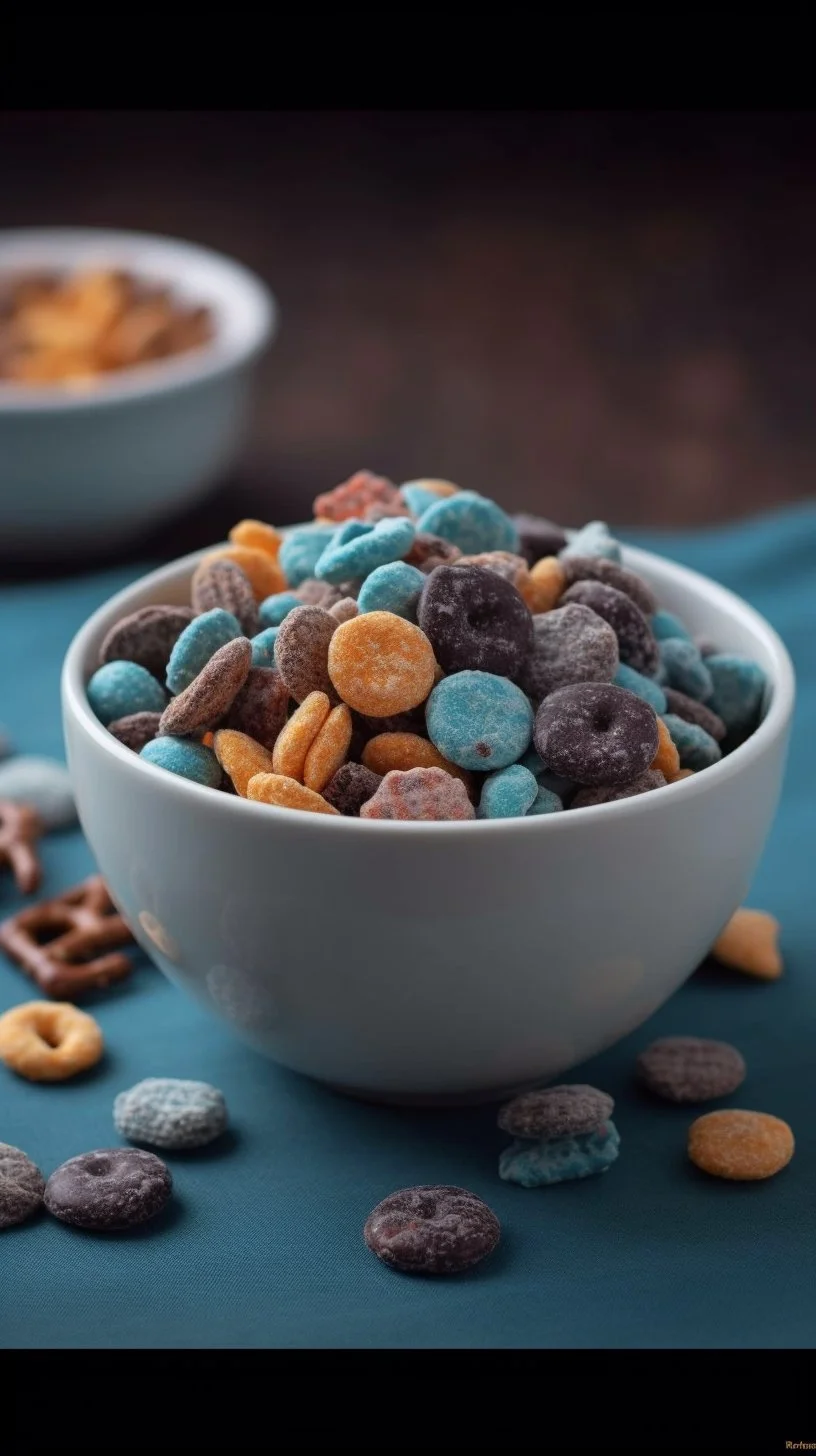 Delicious Cookie Monster Muddy Buddies snack with blue and cookie-themed toppings