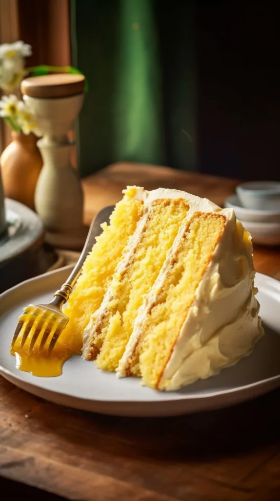 Delicious Cornbread Cake with Whipped Honey Buttercream Frosting on a plate