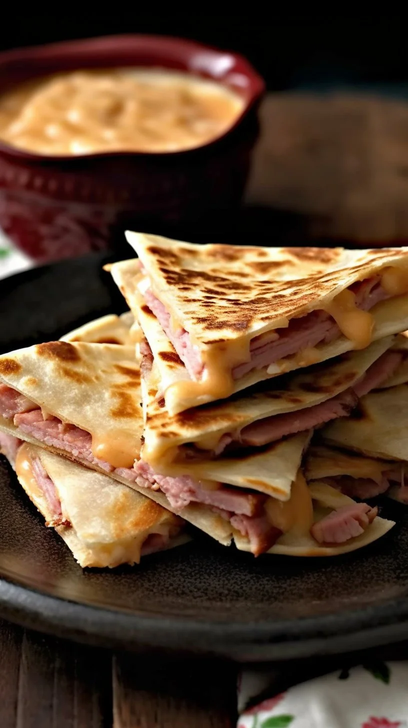 Delicious corned beef and Swiss Reuben quesadillas on a plate