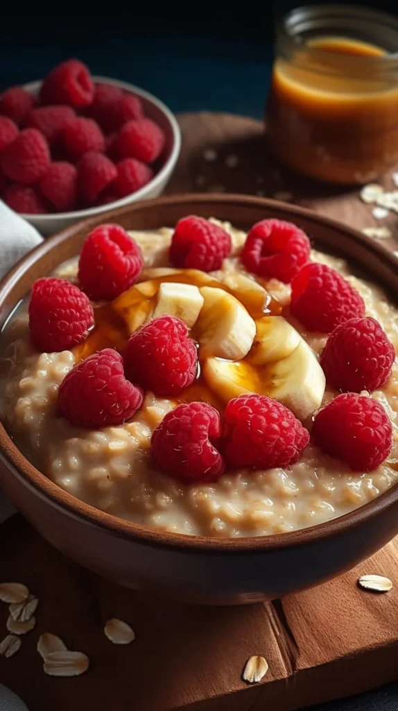 Bowl of creamy oatmeal topped with strawberries, blueberries, and banana slices