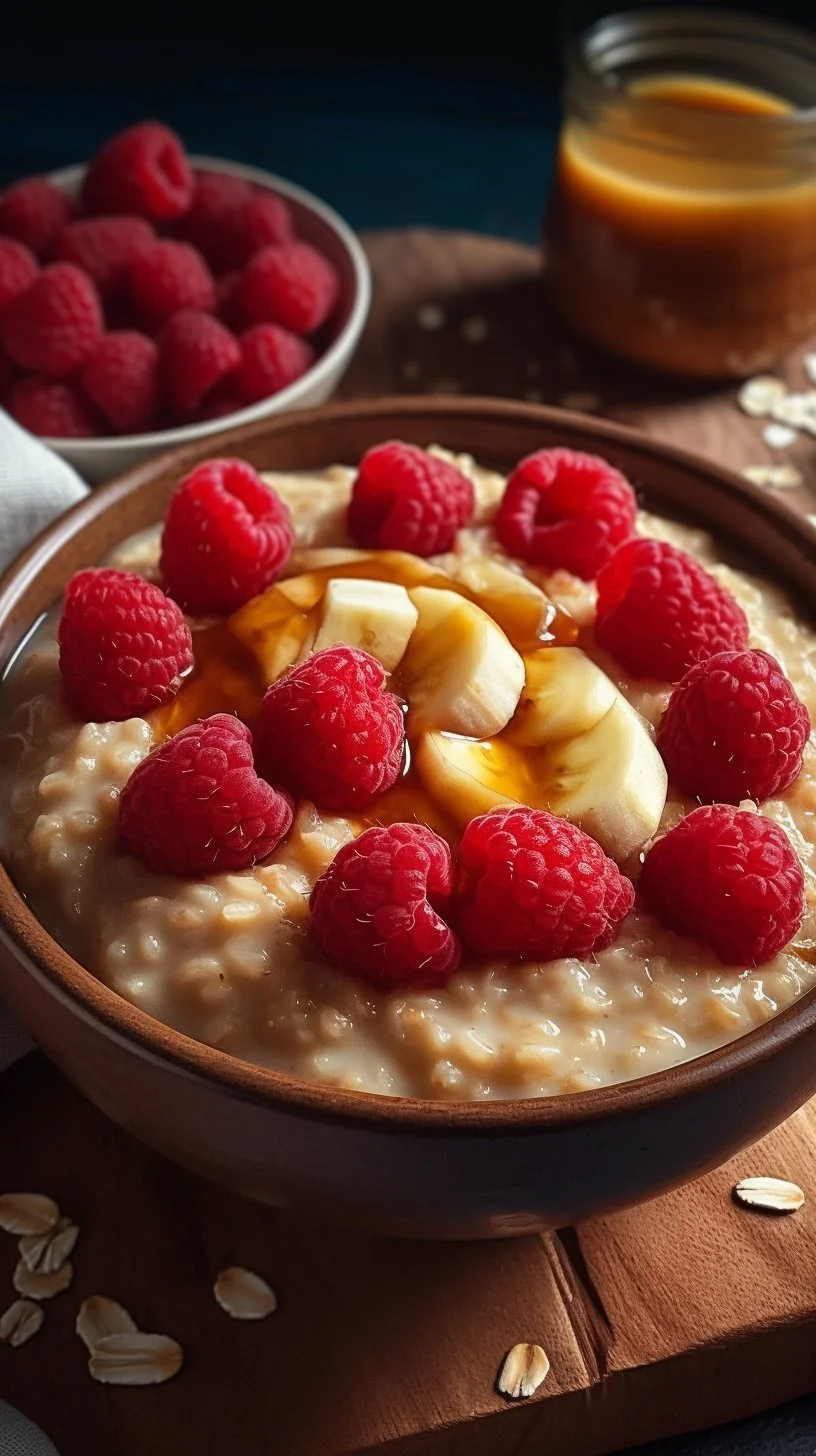 Bowl of creamy oatmeal topped with strawberries, blueberries, and banana slices