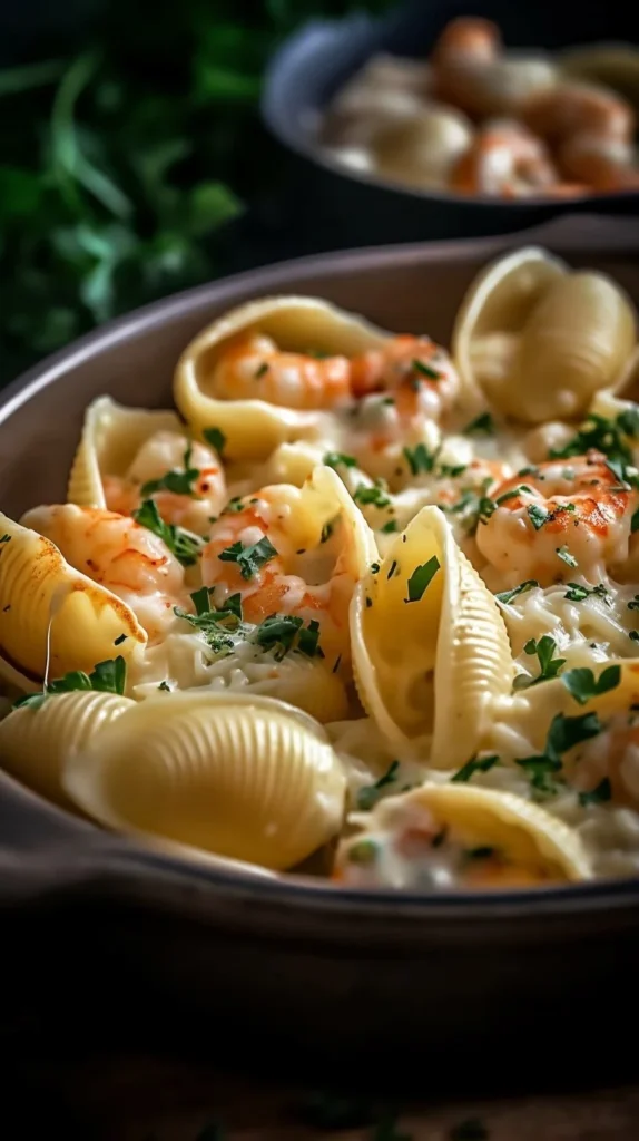 Delicious creamy seafood stuffed shells ready to be served