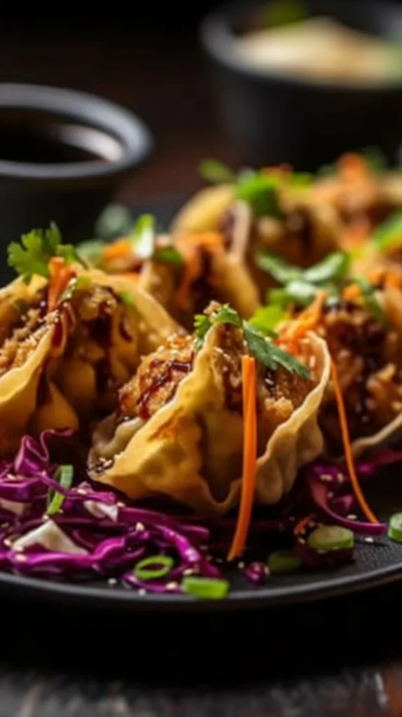 Crispy Chicken Wonton Tacos served with fresh toppings and dipping sauce