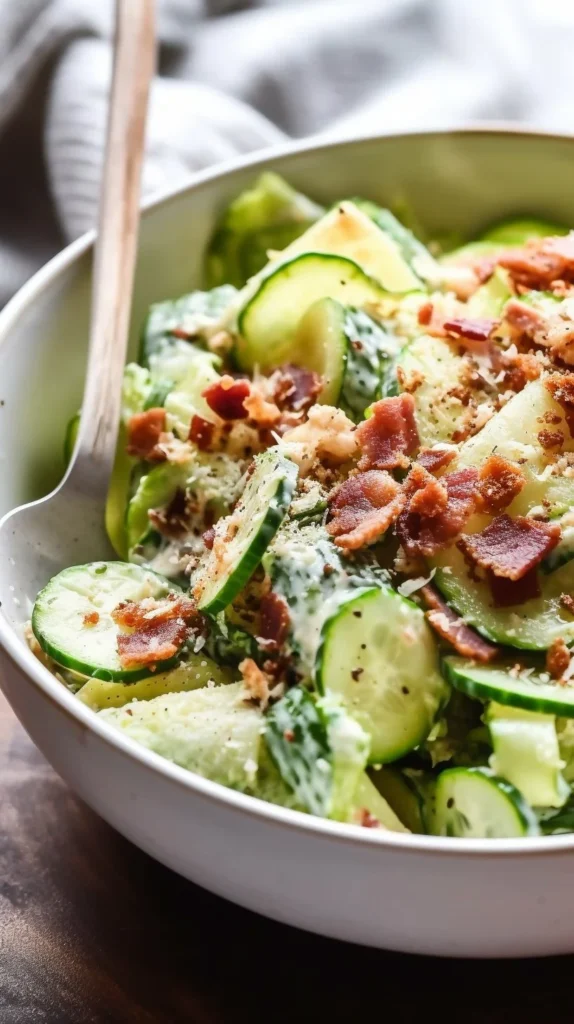 A bowl of refreshing Cucumber Caesar Salad with crisp cucumbers and creamy dressing.