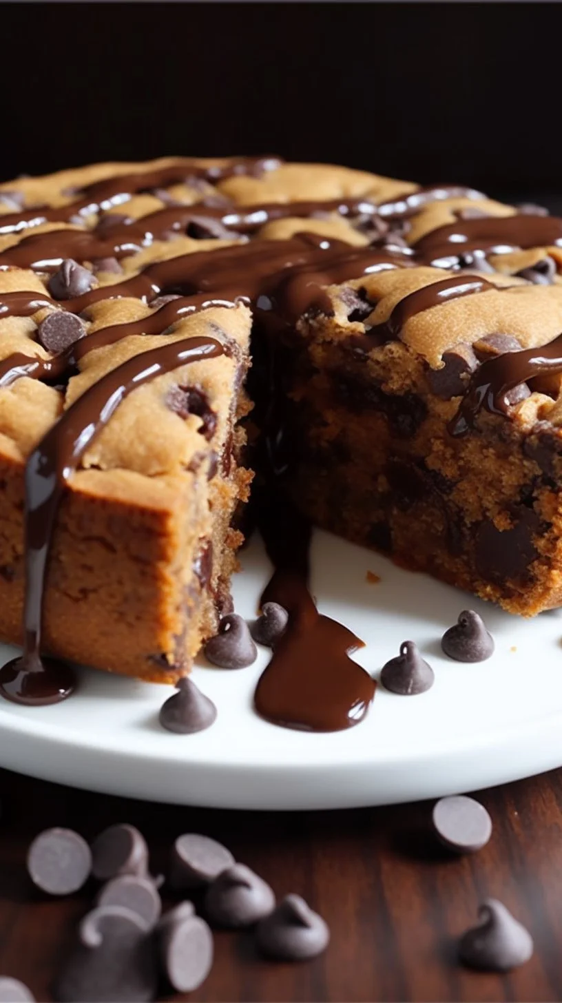 Delicious Deep Dish Cookie Pie on a plate, fresh from the oven.