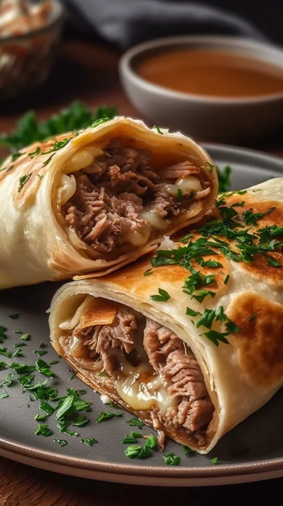 Delicious French Dip Tortilla Roll Ups served on a plate