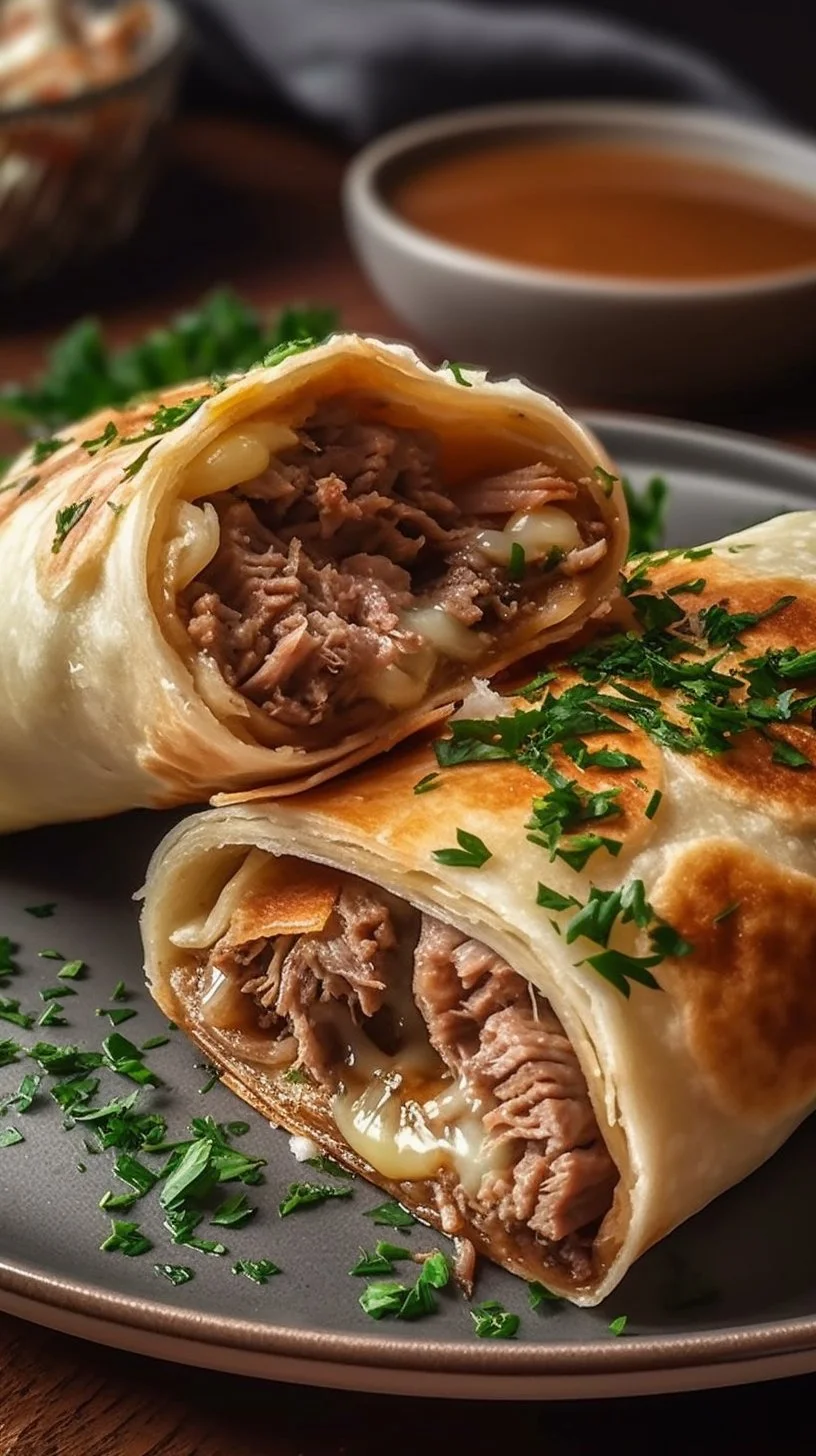 Delicious French Dip Tortilla Roll Ups served on a plate