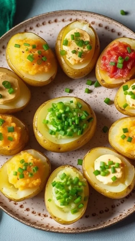 Plate of deviled potatoes garnished with herbs and spices