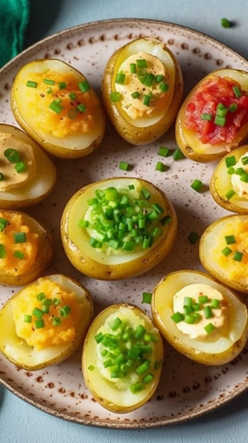 Plate of deviled potatoes garnished with herbs and spices