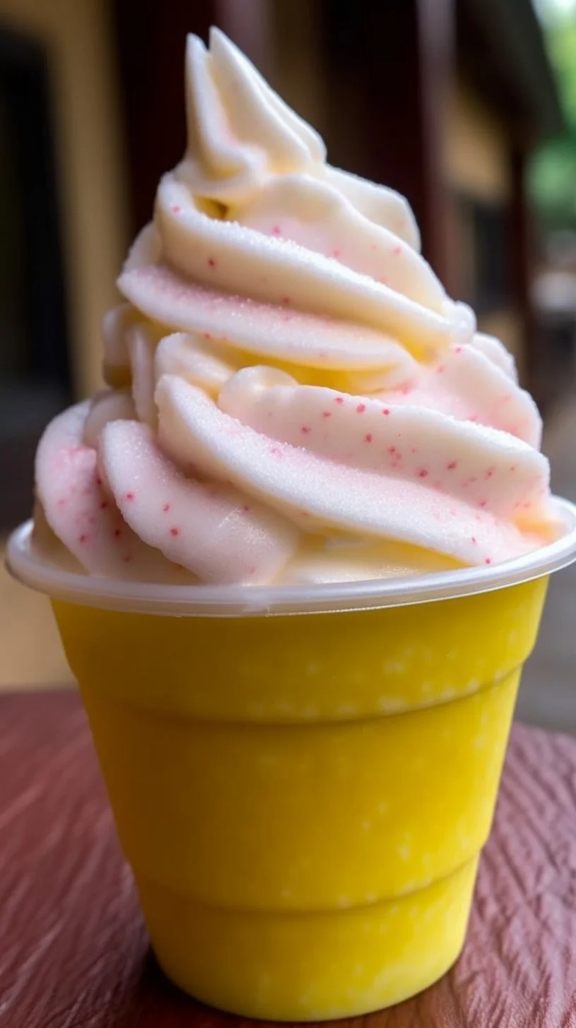 Delicious Dole Whip served in a cup with a pineapple slice