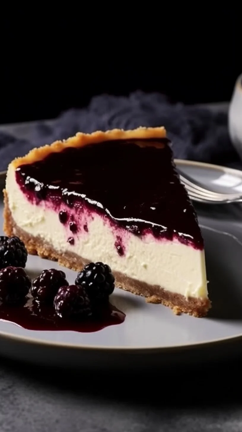 Slice of Earl Grey Cheesecake topped with mulberry sauce on a plate