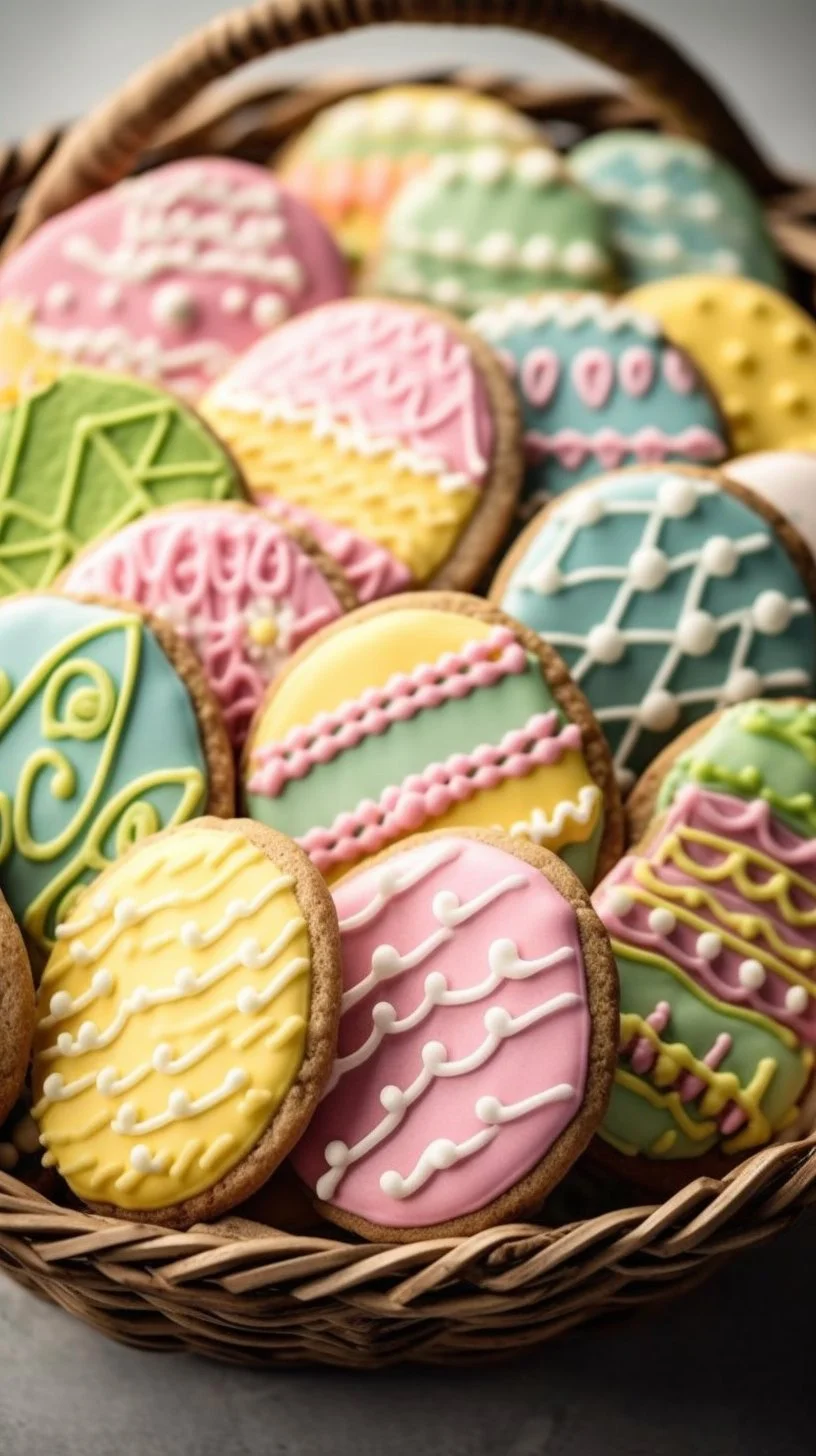 Vibrantly decorated Easter Egg sugar cookies on a decorative plate.