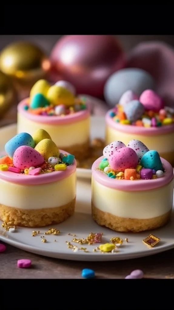 Easter no bake mini cheesecakes topped with colorful sprinkles and fruit