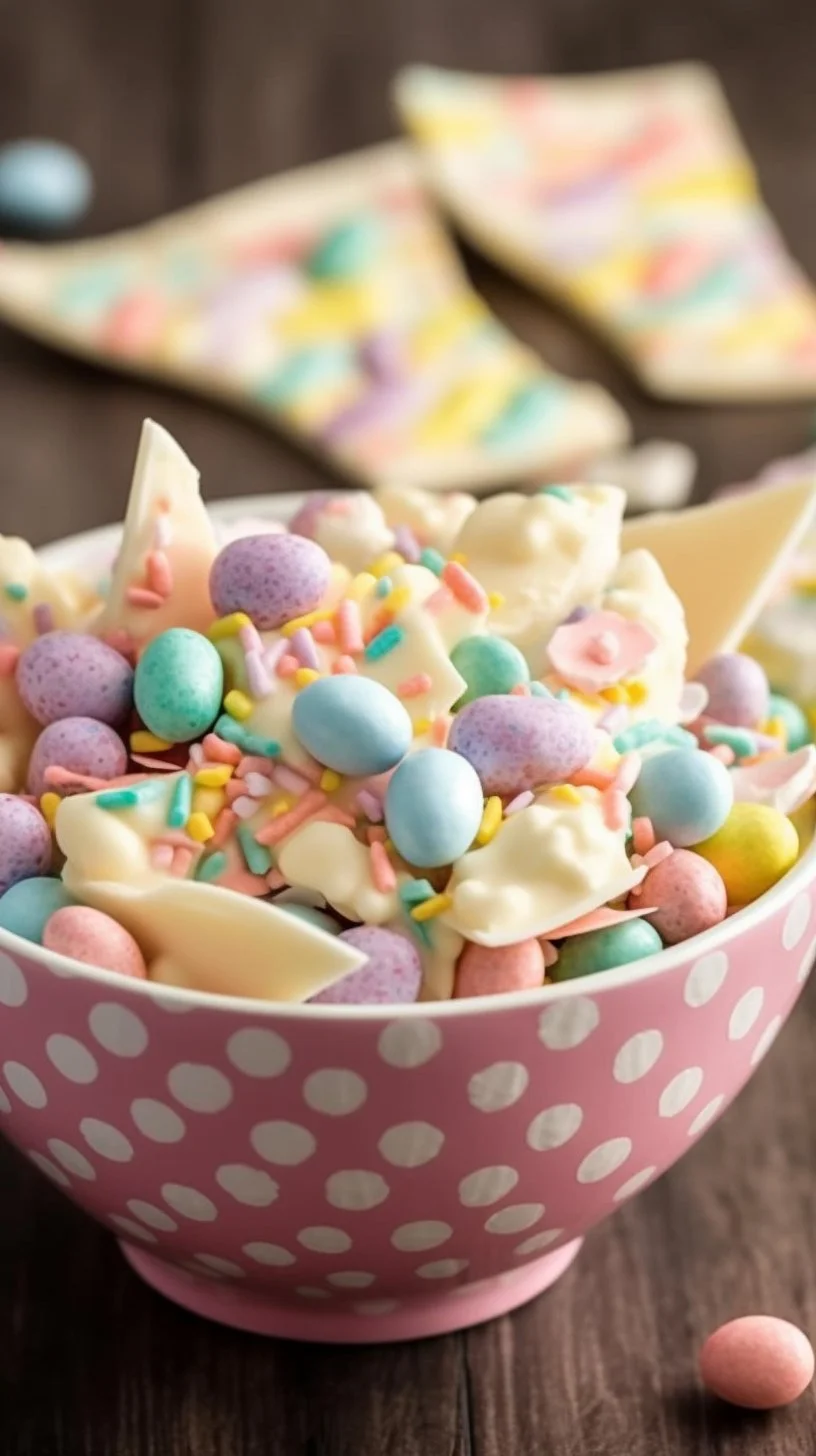 Easy white chocolate Easter bark with sprinkles and nuts on a festive background.