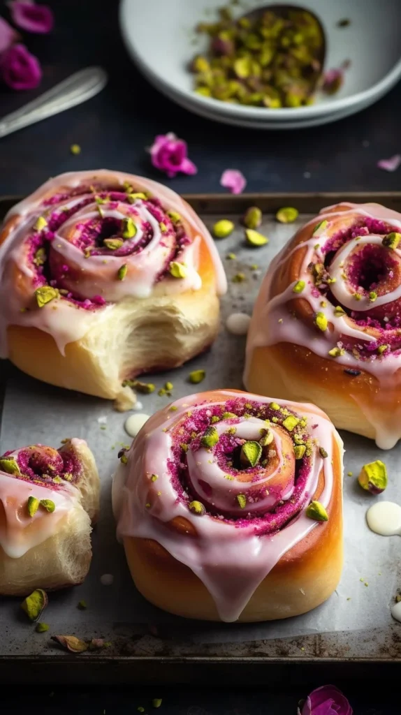 Edd Kimber's raspberry and rose cheesecake buns with creamy topping.
