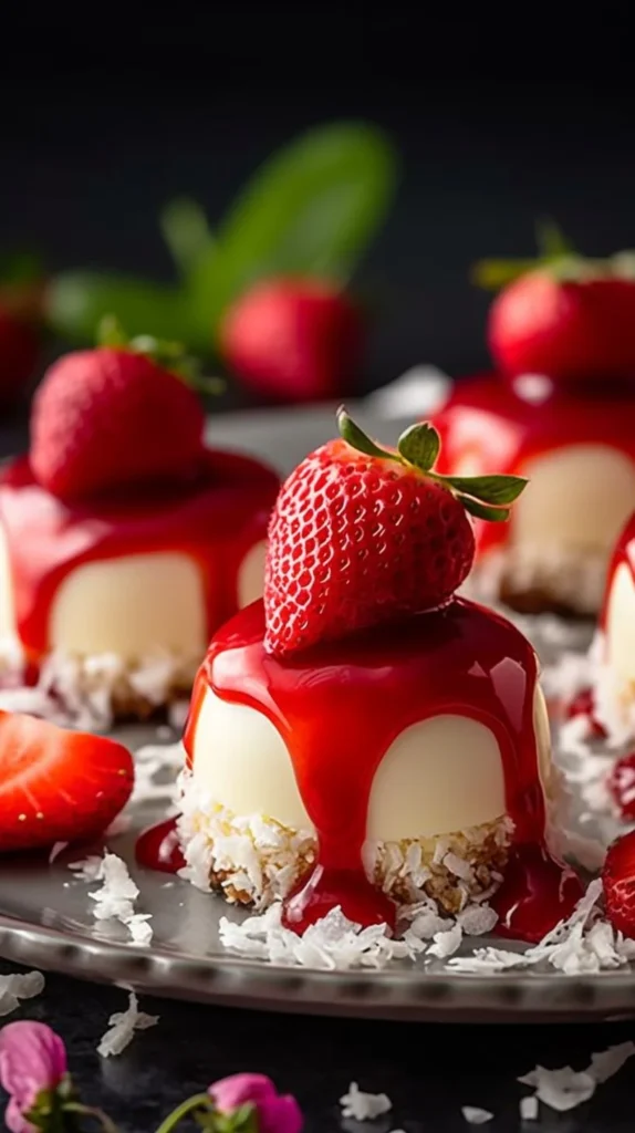 Elegant strawberry glazed white chocolate cheesecake domes with graham cracker crunch.