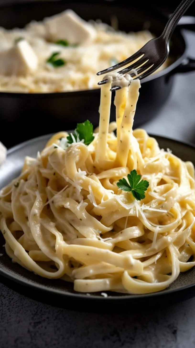 Delicious bowl of Fettuccine Alfredo with creamy sauce and parmesan cheese