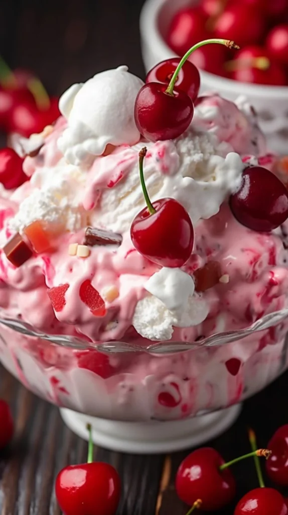 Fluffy Cherry Marshmallow Salad in a bowl, garnished with cherries.