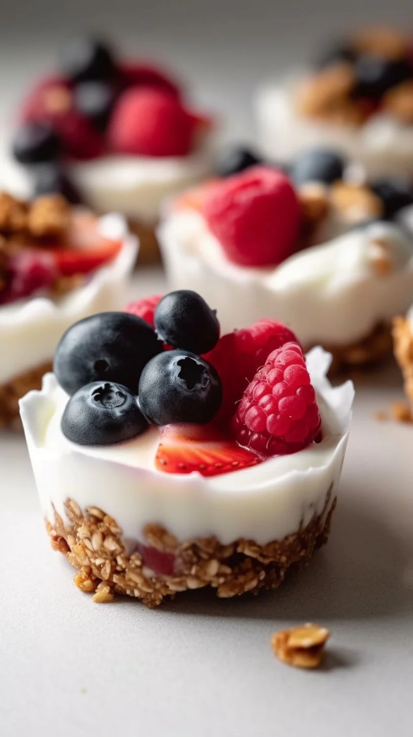 Frozen yogurt granola cups topped with fruits and nuts