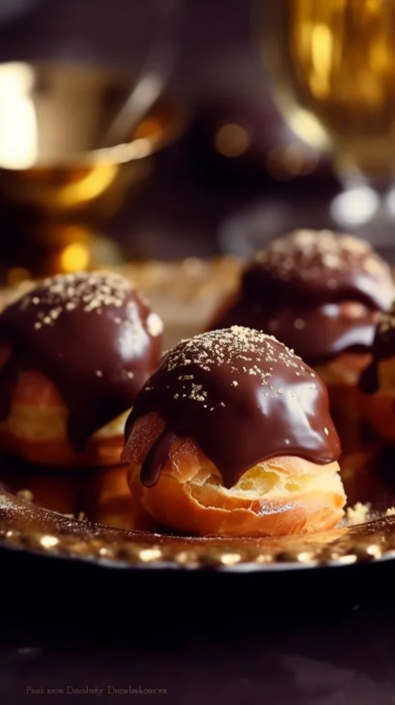 Gold Dusted Chocolate Profiteroles topped with shimmering gold dust.