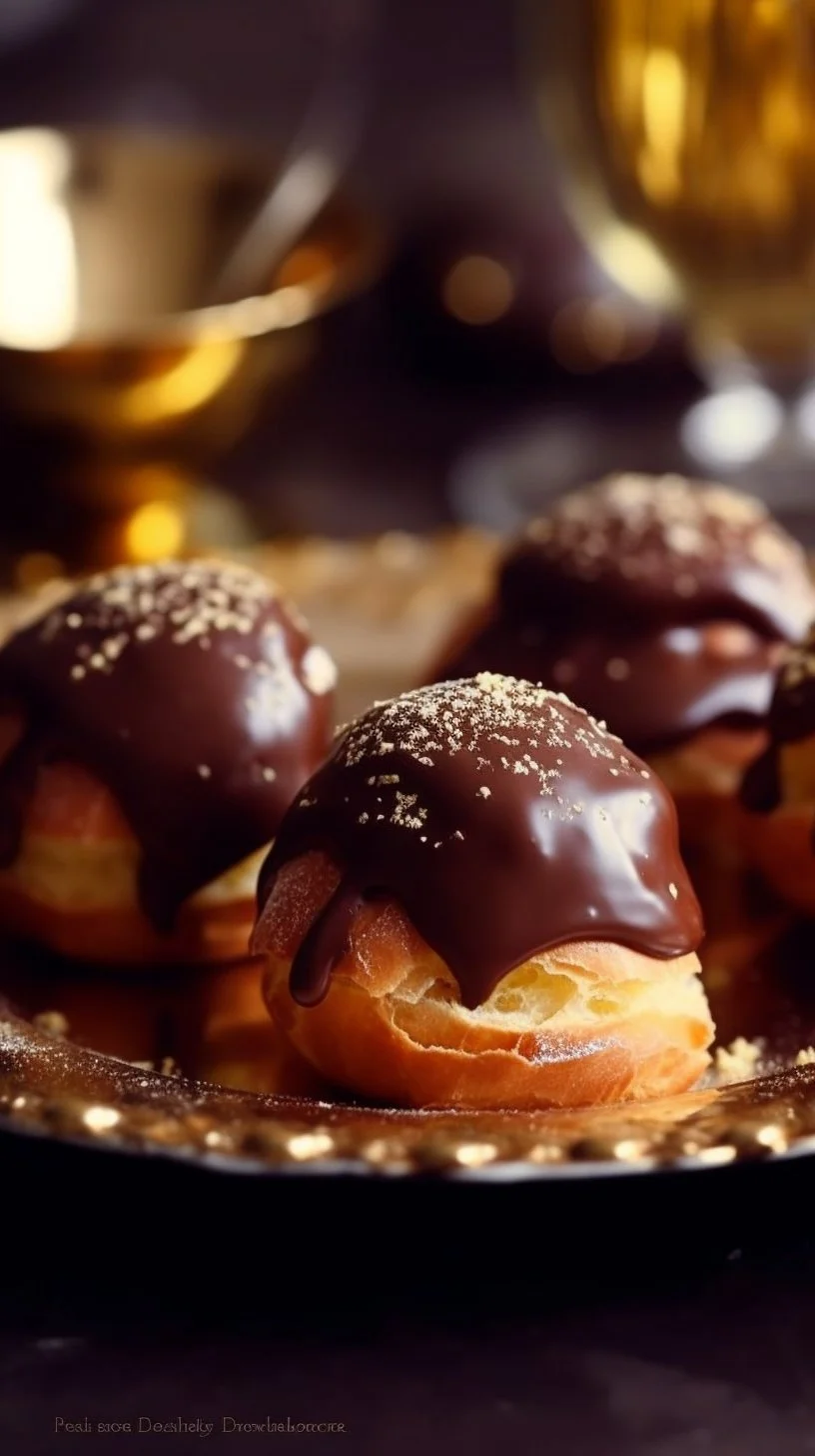 Gold Dusted Chocolate Profiteroles topped with shimmering gold dust.