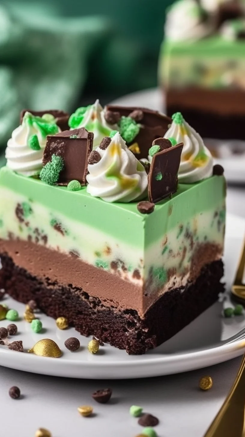 Grasshopper cheesecake bars with a minty chocolate topping and crust