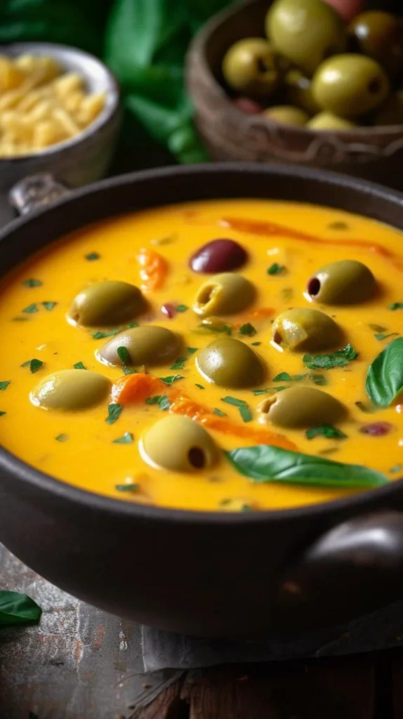 Bowl of Green Olive Soup garnished with herbs and olive slices