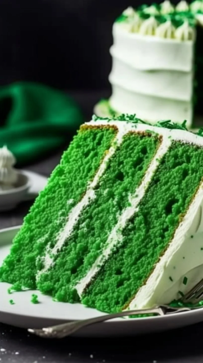 Slice of Green Velvet Cake topped with cream cheese frosting on a plate