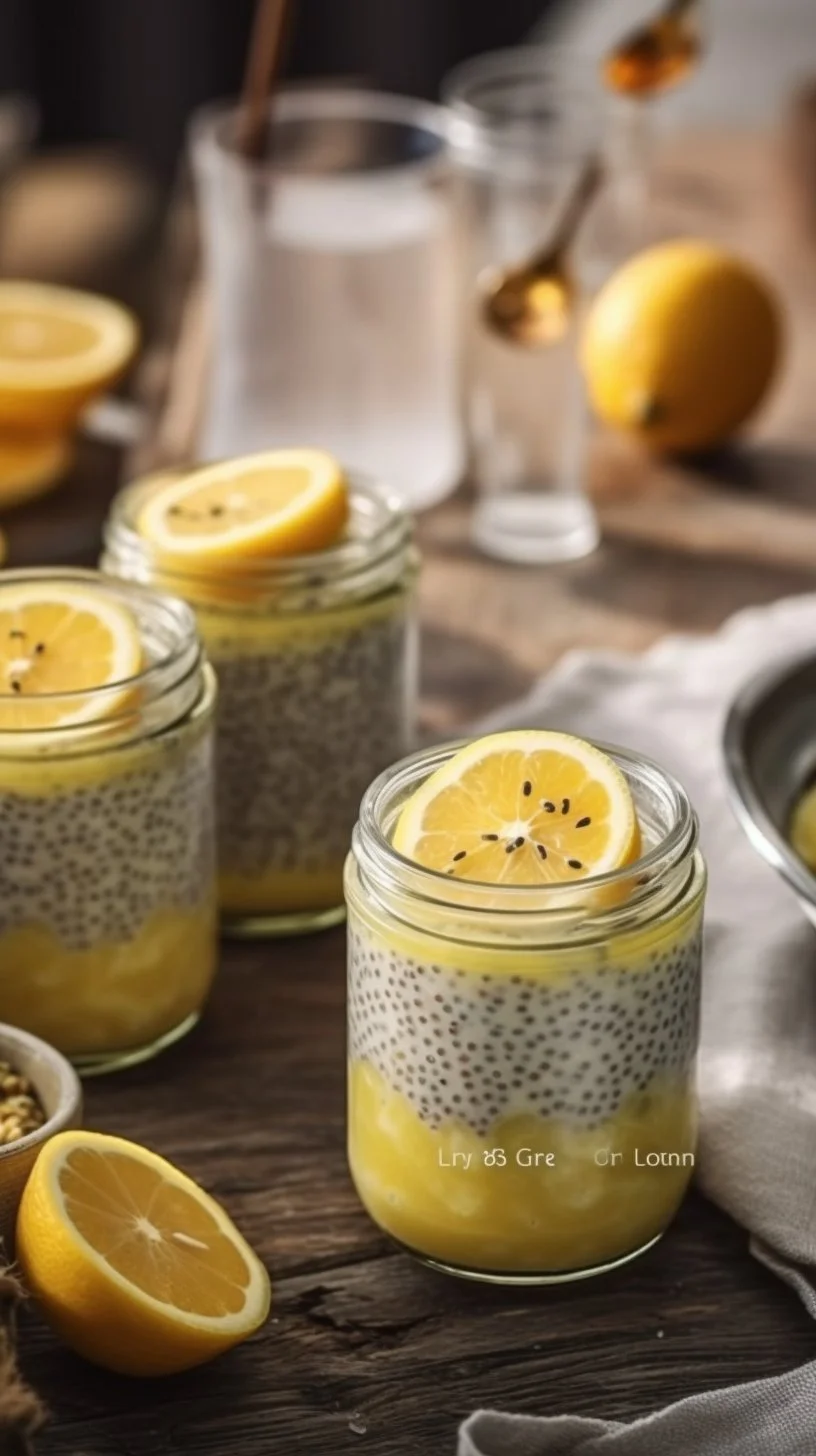 Healthy lemon chia seed pudding in a glass topped with fresh lemon slices