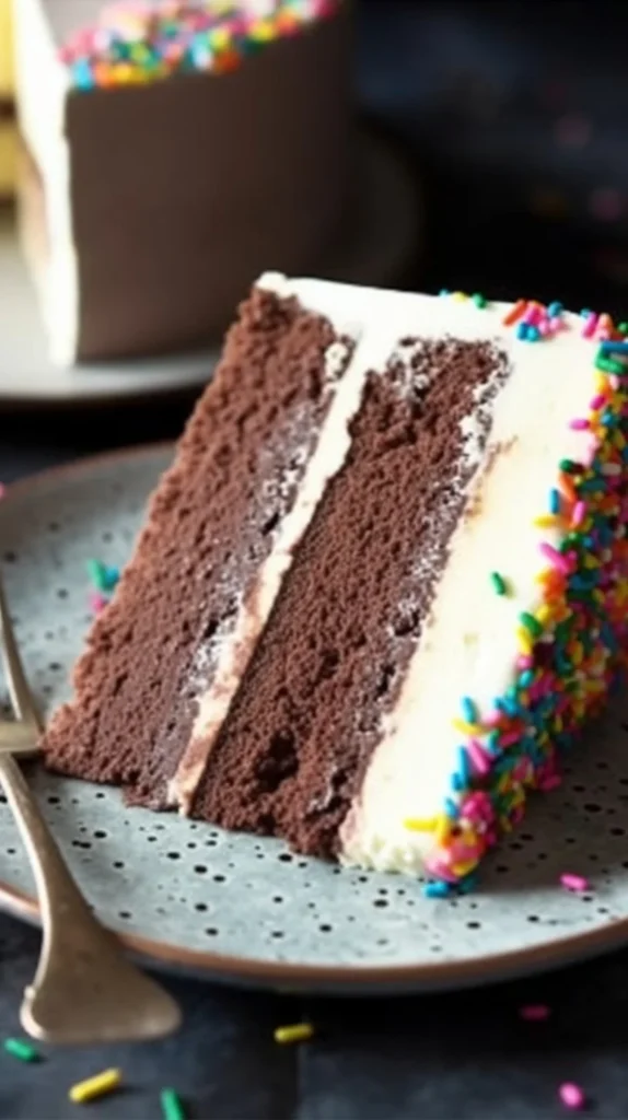Homemade ice cream cake with layers of cake and ice cream, decorated with chocolate sauce.